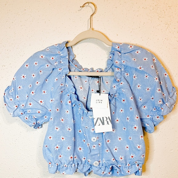Zara Summer Linen Blend Blue Floral Cropped Blouse - Picture 6 of 9